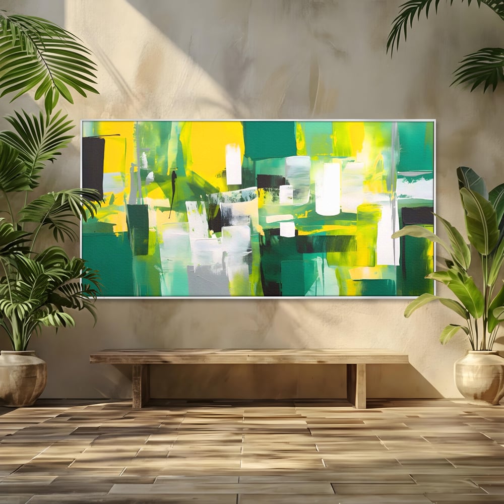 Tablou canvas cu pictura abstracta cu pete verzi si galbene, in rama de aluminiu argintiu